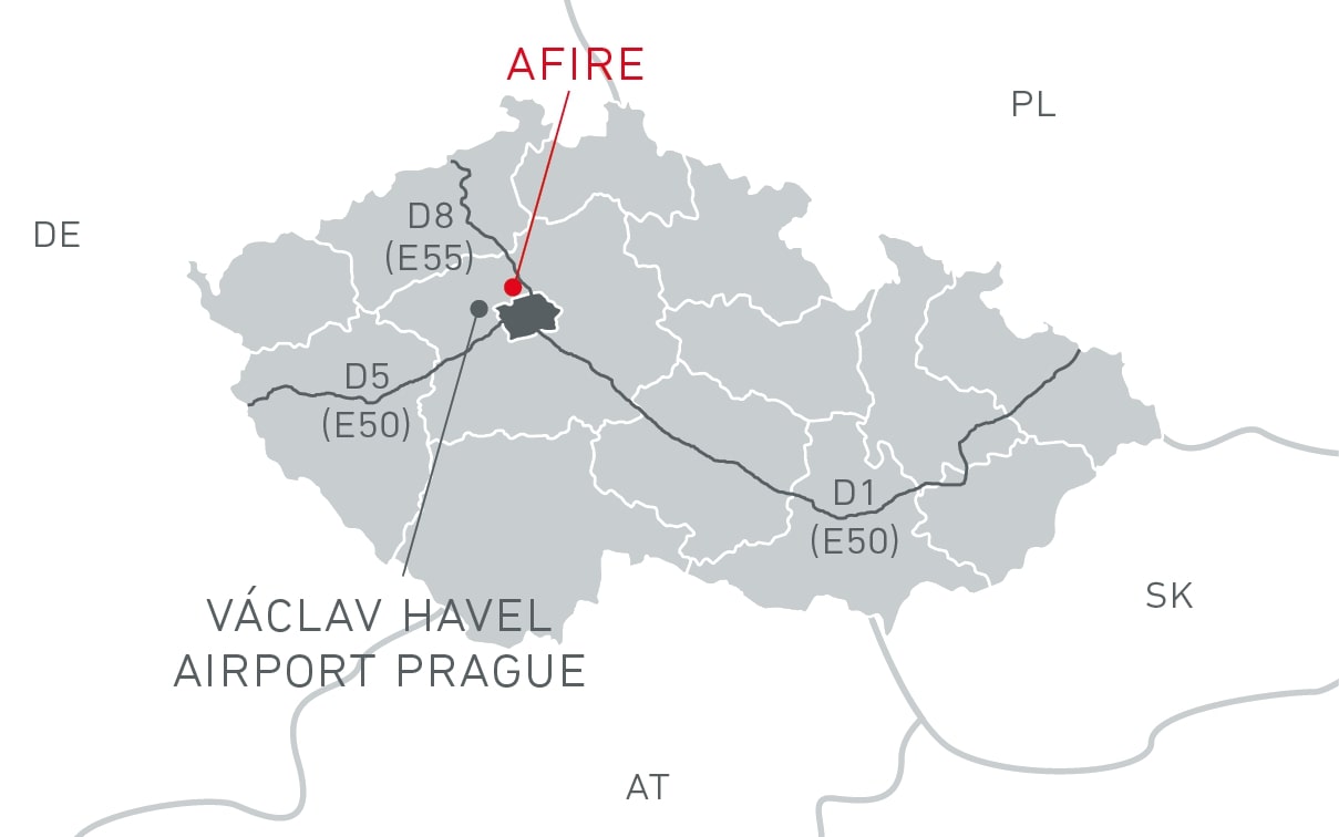 Lokalizacja AFIRE w Czechach — Klecany u Prahy, zjazd z autostrady D8 (E55), w pobliżu lotniska im. Václava Havla